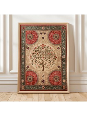 Ninastore Süslemeli Hayat Ağacı Duvar Sanatı, Vintage Goblen Tarzı Botanik Tasarım, Simetrik Çiçek Desenli Dij