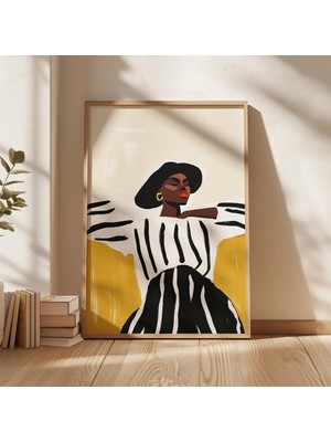 Ninastore Siyah Şapkalı ve Çizgili Kıyafetli Şık Kadın Modern Moda Duvar Sanatı Yazdırılabilir Illüstrasyon Ça
