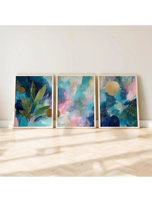 Ninastore Soyut Turkuaz Duvar Sanatı Seti Mavi Pembe Baskı Modern Sanat Üçlü Tablo Renkli Yazdırılabilir Sanat