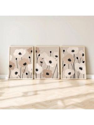 Ninastore Bej Çiçekli Duvar Sanatı Seti, Nötr Çiçek Üçlü Tablo, Modern Botanik Baskılar, Minimalist Dekor, Dij