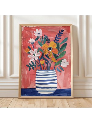 Ninastore Çizgili Vazo Buketi Sıcak Mercan Lacivert Çiçek Sanatı Çağdaş Botanik Tablo Neşeli Modern Natürmort