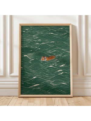 Ninastore Zen Dalgası Japon Kaplanı Yüzme Baskısı Minimalist Ukiyo-E Hayvan Duvar Sanatı Japandi Asya Dekorasy