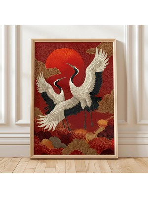 Ninastore Japon Turnası Duvar Sanatı Kırmızı Güneş Asya Kuşu Baskısı Oryantal Dekor Zen Duvar Sanatı Japon Dek