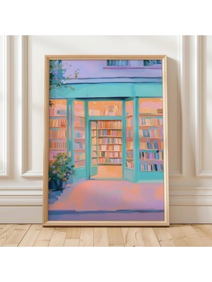 Ninastore Pastel Kitapçı Illüstrasyonu | Rahat Kütüphane Girişinin Dijital Sanat Baskısı | Kitap Severler Için