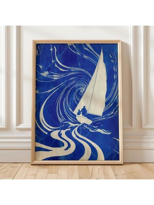Ninastore Yelkenli Duvar Sanatı Mavi Okyanus Baskısı Modern Tekne Sanat Eseri Deniz Posteri Soyut Dalgalar Dek
