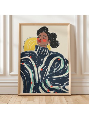 Ninastore Cesur Kadın Portre Illüstrasyonu Retro Tuhaf Sanat Posteri Modern Figüratif Baskı Lacivert Fırça Dar