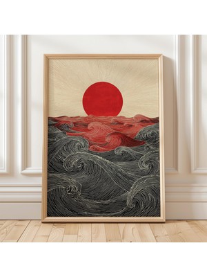 Ninastore Kırmızı Güneş Dalga Duvar Sanatı Japon Okyanus Baskısı Soyut Deniz Sanatı Japandi Dekor Asya Esintil