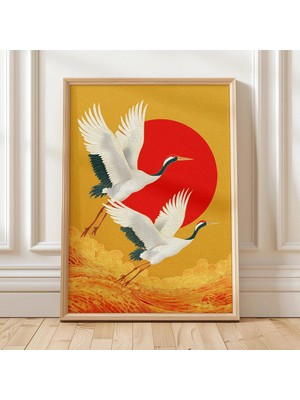 Ninastore Japon Turnası Duvar Sanatı Kırmızı Güneş Oryantal Kuş Baskısı Vintage Asya Tarzı Minimalist Doğa Ev