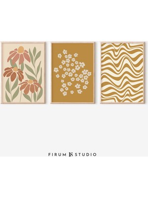 Ninastore Sıcak Toprak Tonlarında Baskılı Duvar Sanatı 3'lü Set – Hardal Sarısı Boho Galeri Baskıları/ Modern