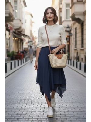 She Best Kadın Asimetrik Muz Krep Beli Lastikli Çift Katlı Rahat Kalıp Etek