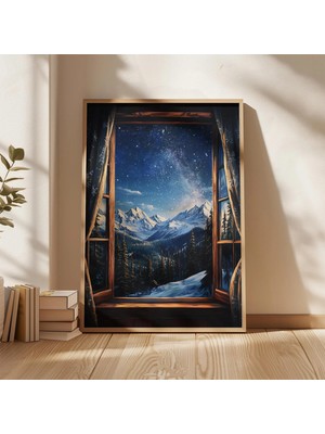 Ninastore Yıldızlı Gece Dağ Manzarası Duvar Sanatı Kış Pencere Manzarası Baskısı Karlı Manzara Kulübe Posteri