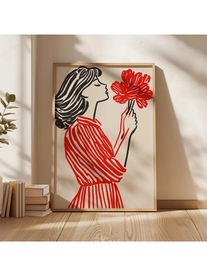 Ninastore Kırmızı Çiçekli Kadın Duvar Sanatı, Modern Çizgi Sanatı Portresi, Minimalist Kadınsı Soyut Baskı, Ce