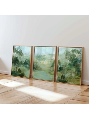 Ninastore Yeşil Manzara Duvar Sanatı 3'lü Doğa Baskısı Seti Orman Ağacı Sanatı Botanik Suluboya Tablo Nötr Min