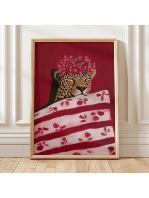 Ninastore Leopar Duvar Sanatı Sevimli Hayvan Baskısı Çiçekli Sanat Eseri Kırmızı Dekor Neşeli Leopar Posteri M