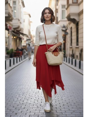 She Best Kadın Asimetrik Muz Krep Beli Lastikli Çift Katlı Rahat Kalıp Etek