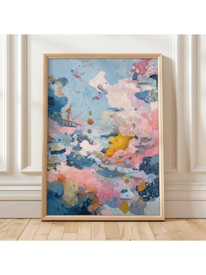 Ninastore Sürreal Soyut Sanat Baskısı, Yüzen Figürler ve Mavi Pembe Rüya Manzarası, Fantastik Peyzaj, Yaratıcı