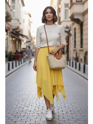 She Best Kadın Asimetrik Muz Krep Beli Lastikli Çift Katlı Rahat Kalıp Etek