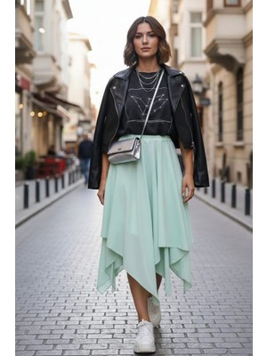 She Best Kadın Asimetrik Muz Krep Beli Lastikli Çift Katlı Rahat Kalıp Etek