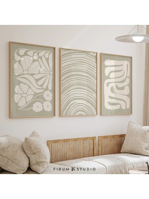 Ninastore Adaçayı Yeşili Soyut Duvar Sanatı 3'lü Set - Japandi Boho Galeri Baskıları/ Açık Estetik Adaçayı Yeş