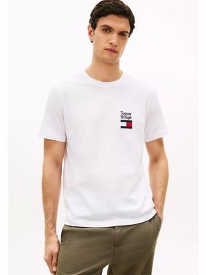 Tommy Hilfiger Erkek Regular Fit Yuvarlak Yakalı Pamuklu Logo Işlemeli Beyaz T-Shirt MW0MW42367-YBR