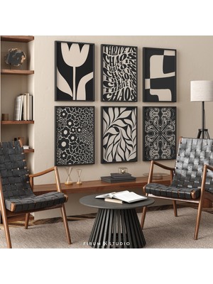 Ninastore Modern 6'lı Baskı Duvar Sanatı Seti / Siyah ve Bej Soyut Galeri Duvar Baskıları / Orta Çağ Modern Ot