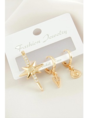 Renklime 3 Adet Yıldız Zirkon Taşlı Küpe