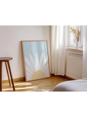 Ninastore Daisy Baskılı Duvar Sanatı - Gökyüzü Mavisi Danimarka Pastel Çiçek Illüstrasyonu / Çocuk Odası ve Be