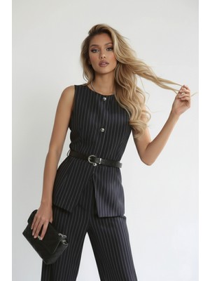 Lacivert Çizgili Yelek Takım