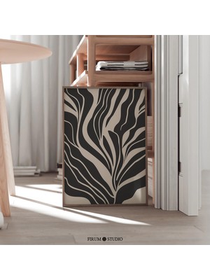 Ninastore Modern Soyut Siyah ve Bej Baskı Sanatı / Organik Akıcı Çizgiler / Minimalist Duvar Dekoru / Oturma O
