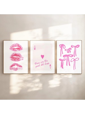 Ninastore Şık Baskılı 3'lü Pembe Retro Duvar Sanatı Poster Seti / Kız Çocuksu Kurdeleler / Retro Öpücük Dudakl