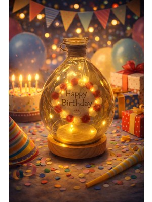 Seymen Bıçakçılık Happy Birthday Yazılı Cam Fanus LED Işık – Ahşap Tabanlı Doğum Günü Dekoru (1 Adet)