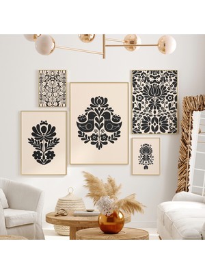 Ninastore Norveç Halk Sanatı Baskılı Duvar Sanatı Seti (5 Parça) – Bej ve Siyah Nötr Tasarımlar/ Iskandinav Ge