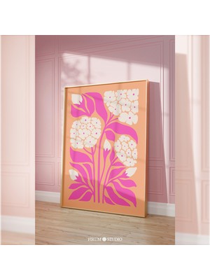 Ninastore Pembe ve Turuncu Soyut Ortancalar Baskılı Duvar Sanatı / Şık Çiçekli Öğrenci Odası Duvar Dekoru / Ma