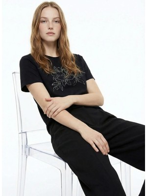 Fabrika Bisiklet Yaka Payetli Siyah Kadın T-Shirt F6SL-TST0352