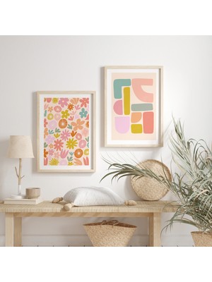 Ninastore Pembe Boho Soyut Baskılı Duvar Sanatı Seti (2 Adet) – Pastel Modern Şekiller/ Orta Çağ Galeri Dekora