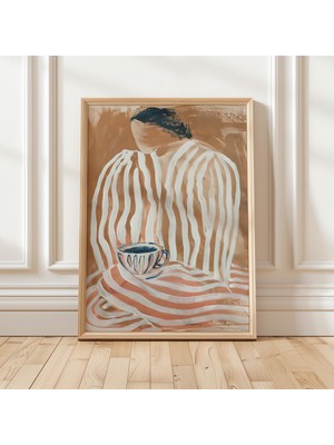 Ninastore Soyut Kadın ve Kahve Fincanı Baskısı: Minimalist Mutfak Duvar Sanatı (Dijital Indirme)