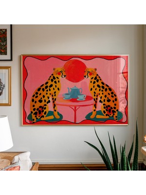 Ninastore Leopar Desenli Çay Saati Posteri: Neşeli Hayvan Sahnesi / Maksimalist Halk Sanatı Baskısı / Renkli S