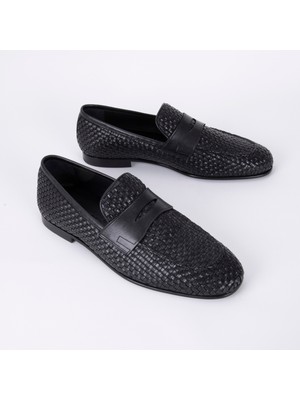BloominBag Firenze Black Loafer Hand-Woven Premium Leather Erkek Ayakkabı- 44 Numara