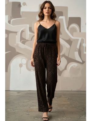 Lupinn Kadın Leopar Desenli Yüksel Bel Geniş Paça Salaş Kesim Yüksek Bel Palazzo Pantolon - Kadın Pantolon