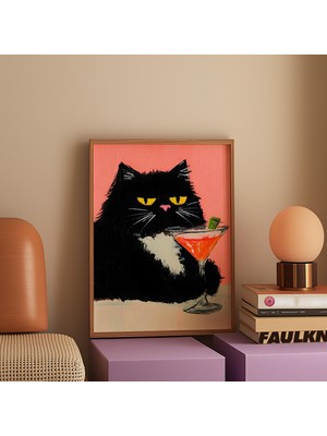 Ninastore Kara Kedi Martini Sanat Baskısı: Pop Art Kokteyl Salonu Dekorasyonu (Dijital Indirme)