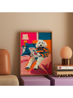 Ninastore Kitap Okuyan Köpek Sanat Baskısı: Maksimalist Renkli Maltese Terrier (Dijital Indirme)