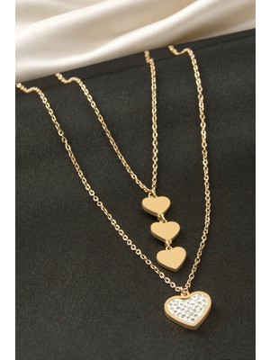 Renklime Kalp Taşlı Çelik Ikili Kolye