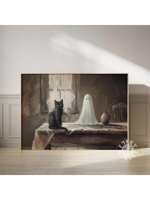 Ninastore Hayalet Kara Kedi Cadılar Bayramı Duvar Sanatı Baskısı / Yazdırılabilir Vintage Tarzı Rustik Tablo /