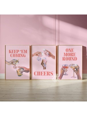 Ninastore Şık Bar Arabası Baskı Seti (3 Parça) / Pembe Şerefe Poster Seti / Bir Tur Daha Devam Edin Bar Arabas