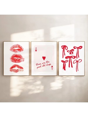 Ninastore Kırmızı Duvar Sanatı Baskı Seti (3 Parça) / Trend Retro Dijital Baskılar / Coquitte Kurdeleler / Öpü