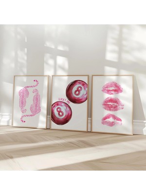 Ninastore 3'lü Moda Baskı Seti / Pembe Retro 8 Top Dijital Baskı / Kız Çocuk Öpücük Dudak Baskılı Poster / Leo
