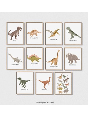 Ninastore 11 Parçalı Dinozor Duvar Sanatı Baskı Seti / Çocuk Odası Dekorasyonu / Çocuk Odası / Yazdırılabilir