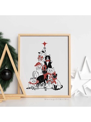 Ninastore Tatil Kedisi Dekorasyonu / Noel Kedisi Baskısı / Yazdırılabilir Duvar Sanatı / Noel Ağacı Sanatı / K