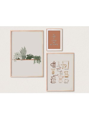 Ninastore Bitki Sever Baskıları/ Kahve Duvar Sanatı/ 3'lü Galeri Duvar Seti/ Çılgın Bitki Kadını Duvar Sanatı/