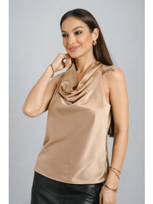 Sweetness Kadın Bej Likralı Saten Degaje Yaka Kolsuz Abiye Bluz